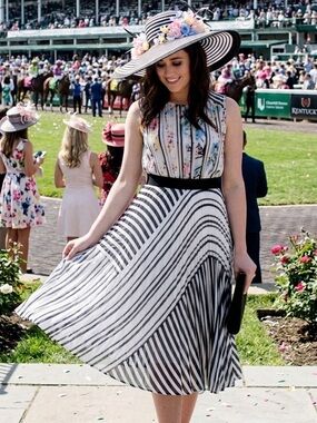 BCBGMaxAzria size M Striped Pleated chiffon Midi dress Floral Bodice derby